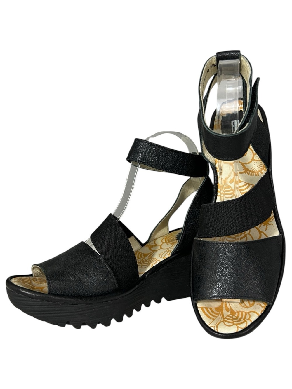 Fly London Ankle Strap Wedge Sandals Leather Black Size 38